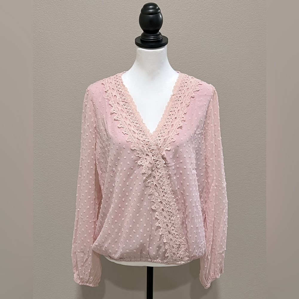 Light Pink V-Neck Swiss Dot Sheer Blouse